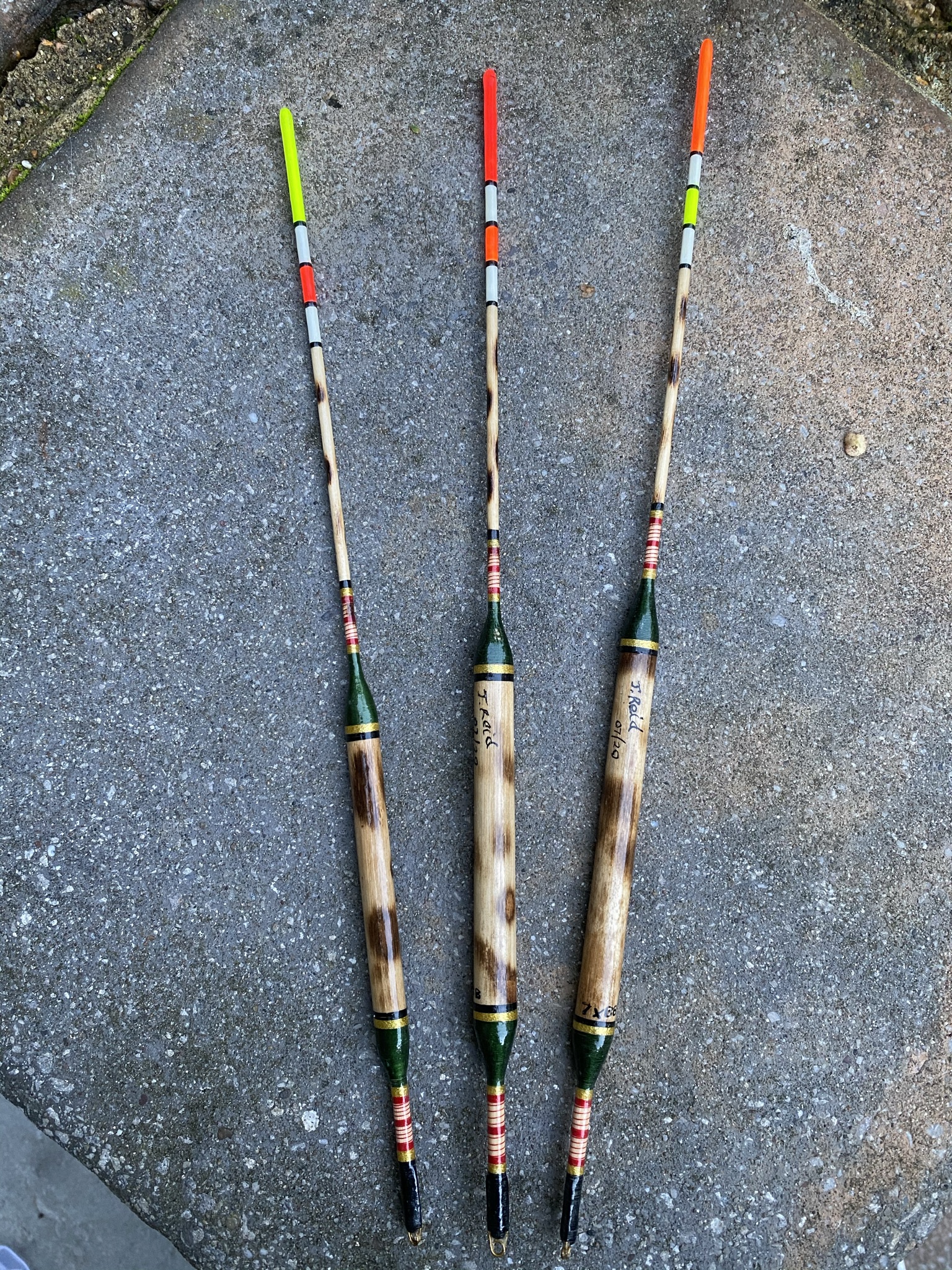 A Set of three Traditional Dart mace reed, scorched tip antenna floats