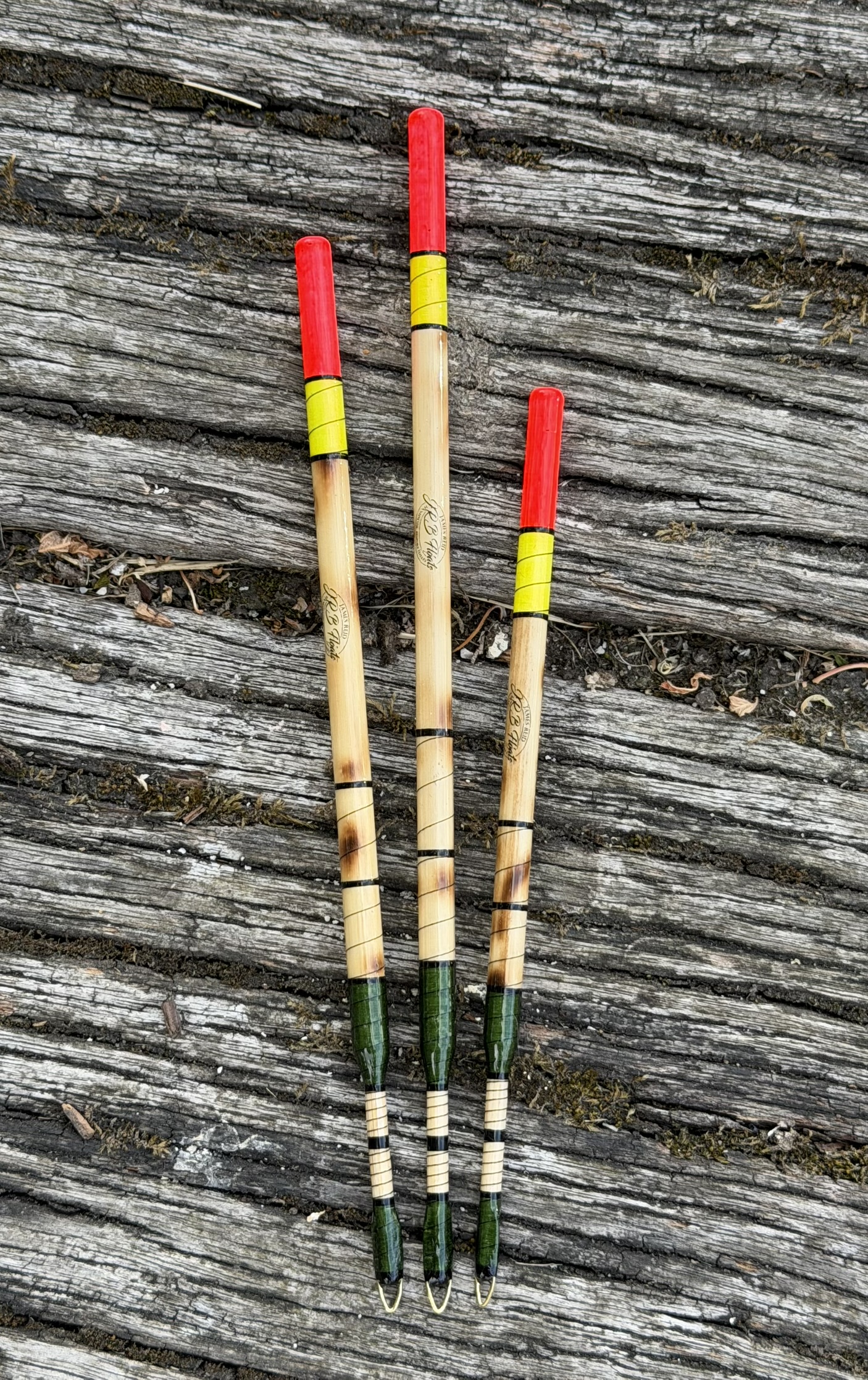 A Set of three traditional style Scorched Reed Wagler floats